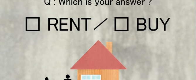 A graphic showing the question “Renting or Buying in Phuket – Which is your answer?” displayed above two checkboxes labeled “Rent” and “Buy.” Below, there’s a small wooden house with a red roof placed on a table, and beside it are black silhouette icons of a family—two adults and two children—against a soft gray background.