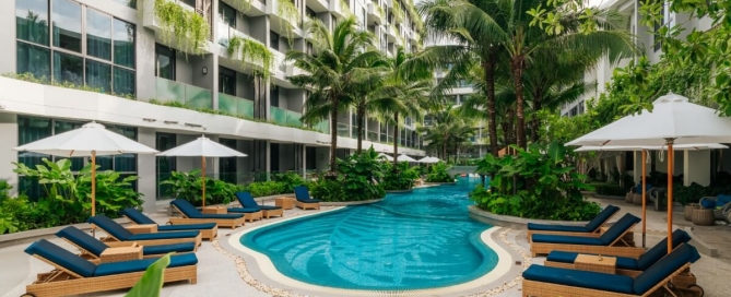1-bedroom eco-friendly resort condo 900m to Layan Beach, Phuket – swimming pool area