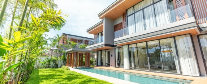 4-bedroom pool villas in the Laguna Area, Cherng Talay, Phuket exterior shot of villa with pool and garden PSV-CHE-902