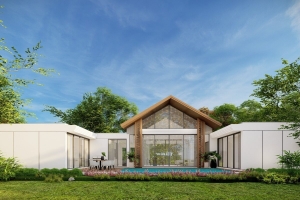 3-bedroom pool villa in the Laguna Area in Cherng Talay, Phuket exterior view of villa with pool and garden PSV-CHE-973