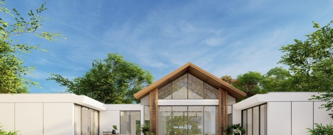 3-bedroom pool villa in the Laguna Area in Cherng Talay, Phuket exterior view of villa with pool and garden PSV-CHE-973