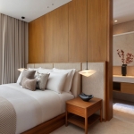 3-4 bedroom pool villas in the 5-Star Layan Bay area, Phuket bedroom with wooden panels and ensuite bathroom PSV-LAY-1041