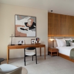 3-4 bedroom pool villas in the 5-Star Layan Bay area, Phuket bedroom with wooden headboard panel and working table PSV-LAY-1041