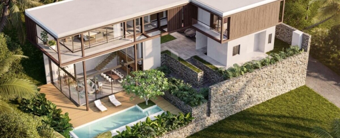 3-4 bedroom pool villas in the 5-Star Layan Bay area, Phuket aerial view of villa PSV-LAY-1041