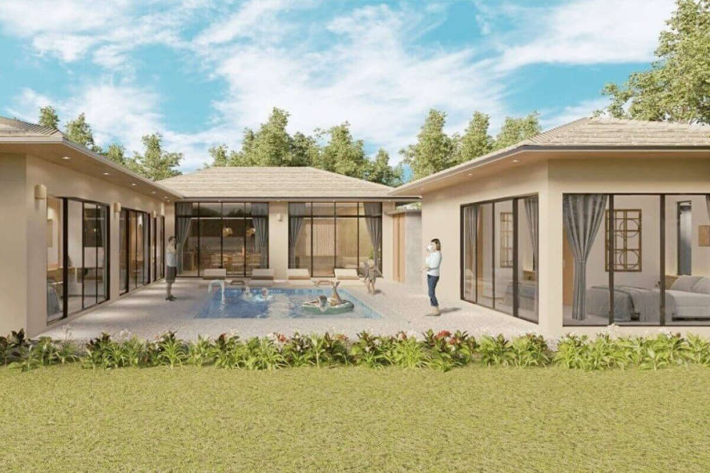 Poolvillen mit 4 Schlafzimmern zu verkaufen, 5 Minuten zur UWC International School in Thep Krasatti in Thalang, Phuket