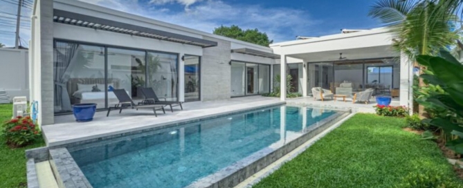 3-4 bedroom pool villas near ISP in Rawai, Phuket exterior shot showing pool access bedroom PSV-RAW-1078