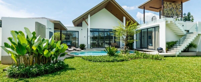 3-bedroom pool villa for sale in Pru Jampa near UWC Phuket exterior shot including garden and pool PSV-PRJ-1429