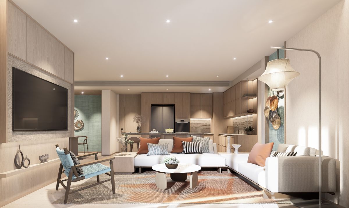 Stylish 3-bedroom condo unit at Peylaa Phuket with open-plan living, floor-to-ceiling windows, modern kitchen, and private balcony overlooking tropical greenery in Bang Tao.