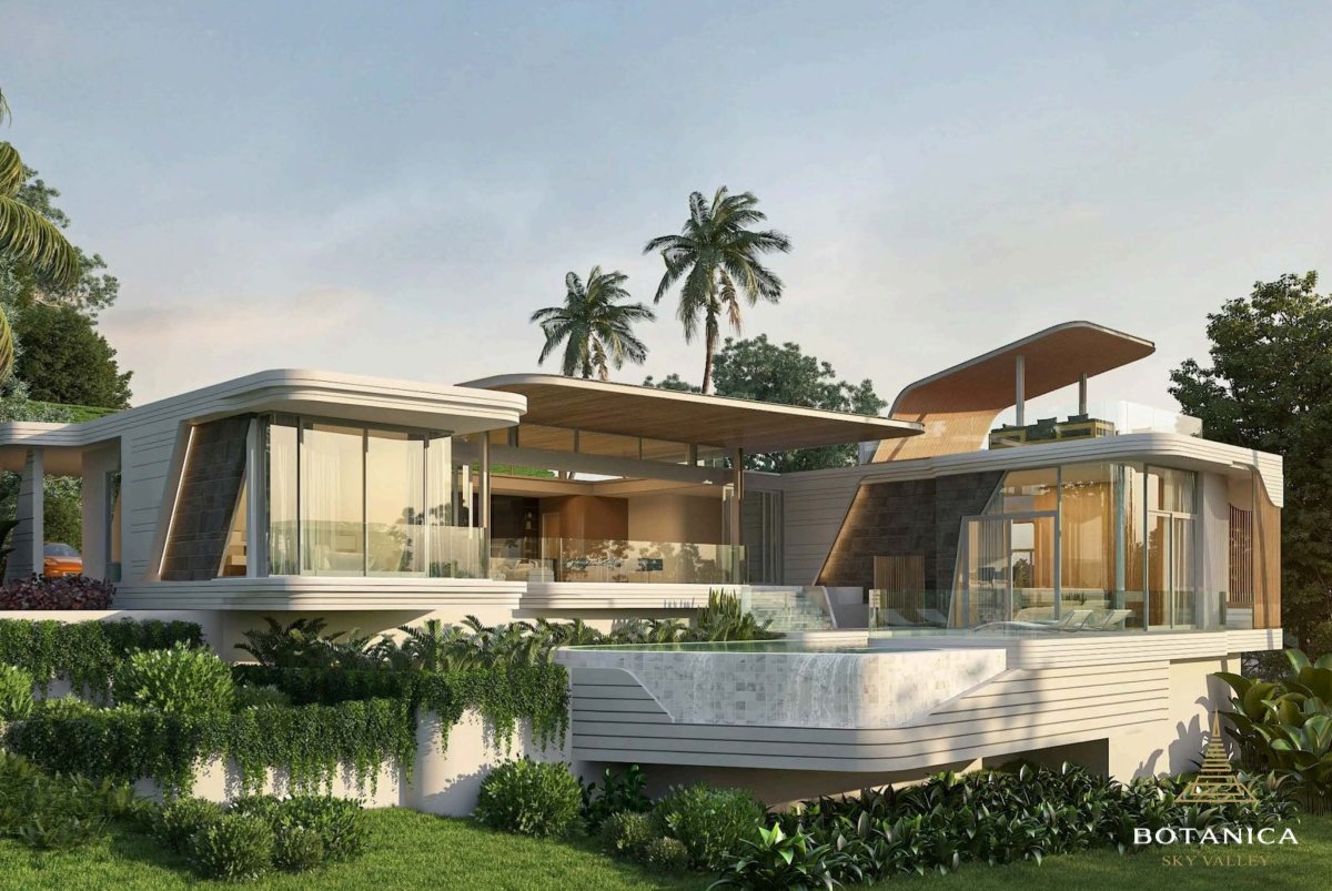 Botanica Sky Valley Phuket – luxury hillside villas with panoramic views, modern tropical design, and private pools.