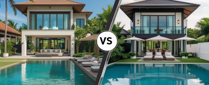 Comparing buying villas in Bang Tao vs Nai Harn – aerial view of two popular Phuket neighborhoods showcasing luxury villas, beaches, and lifestyle differences.