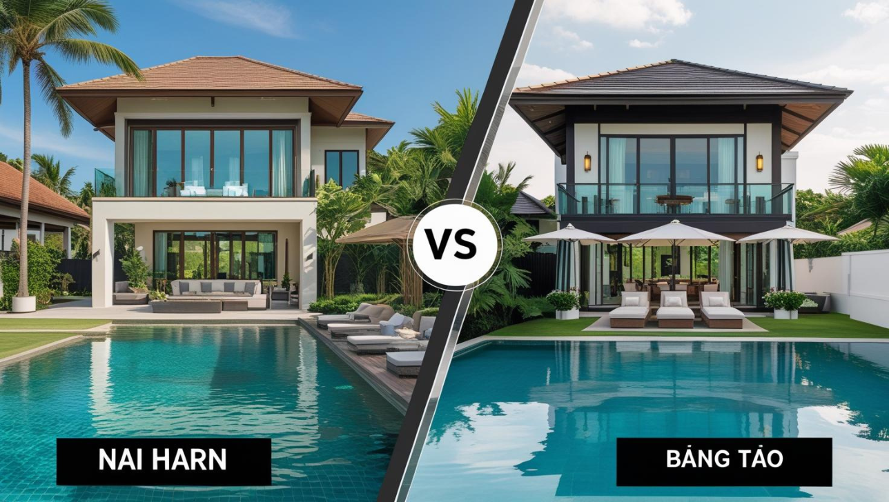 Comparing buying villas in Bang Tao vs Nai Harn – aerial view of two popular Phuket neighborhoods showcasing luxury villas, beaches, and lifestyle differences.