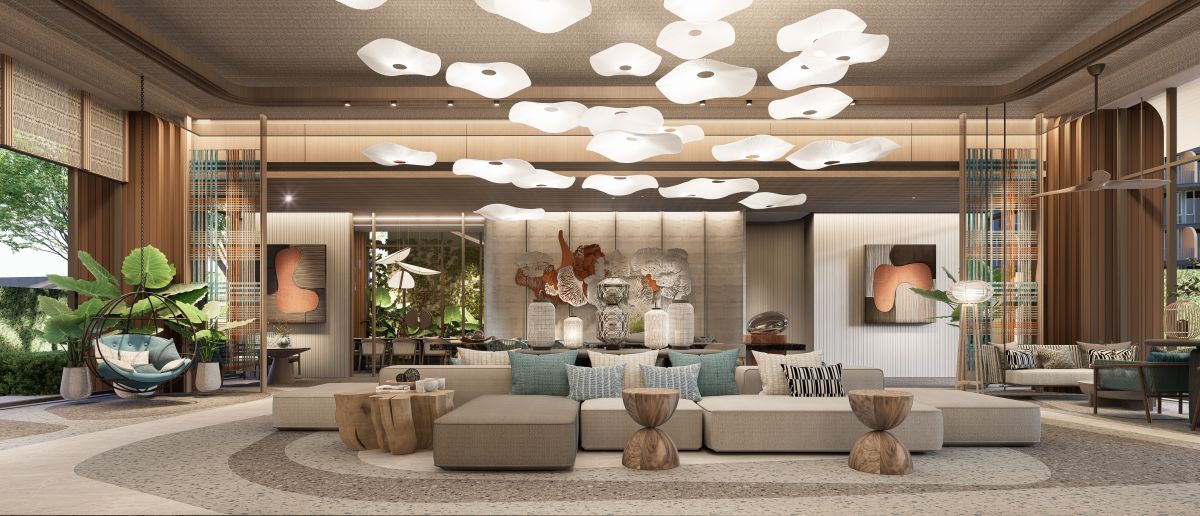 Elegant main lobby at Peylaa Phuket featuring high ceilings, contemporary decor, natural wood finishes, and a welcoming lounge area with views of the surrounding tropical landscape.