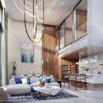 3 bed duplex luxury condos with private pool for sale in Cherng Talay Phuket-double height living, dining and kitchen area