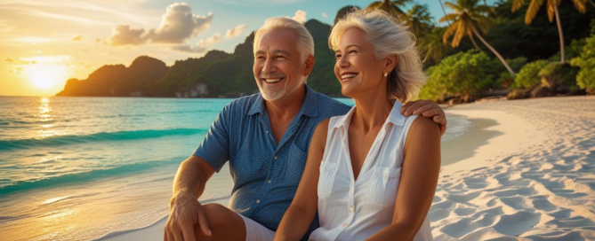 Elderly couple sitting on a tropical beach in Phuket, enjoying retirement with a peaceful ocean view.