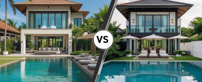 Comparing buying villas in Bang Tao vs Nai Harn – aerial view of two popular Phuket neighborhoods showcasing luxury villas, beaches, and lifestyle differences.