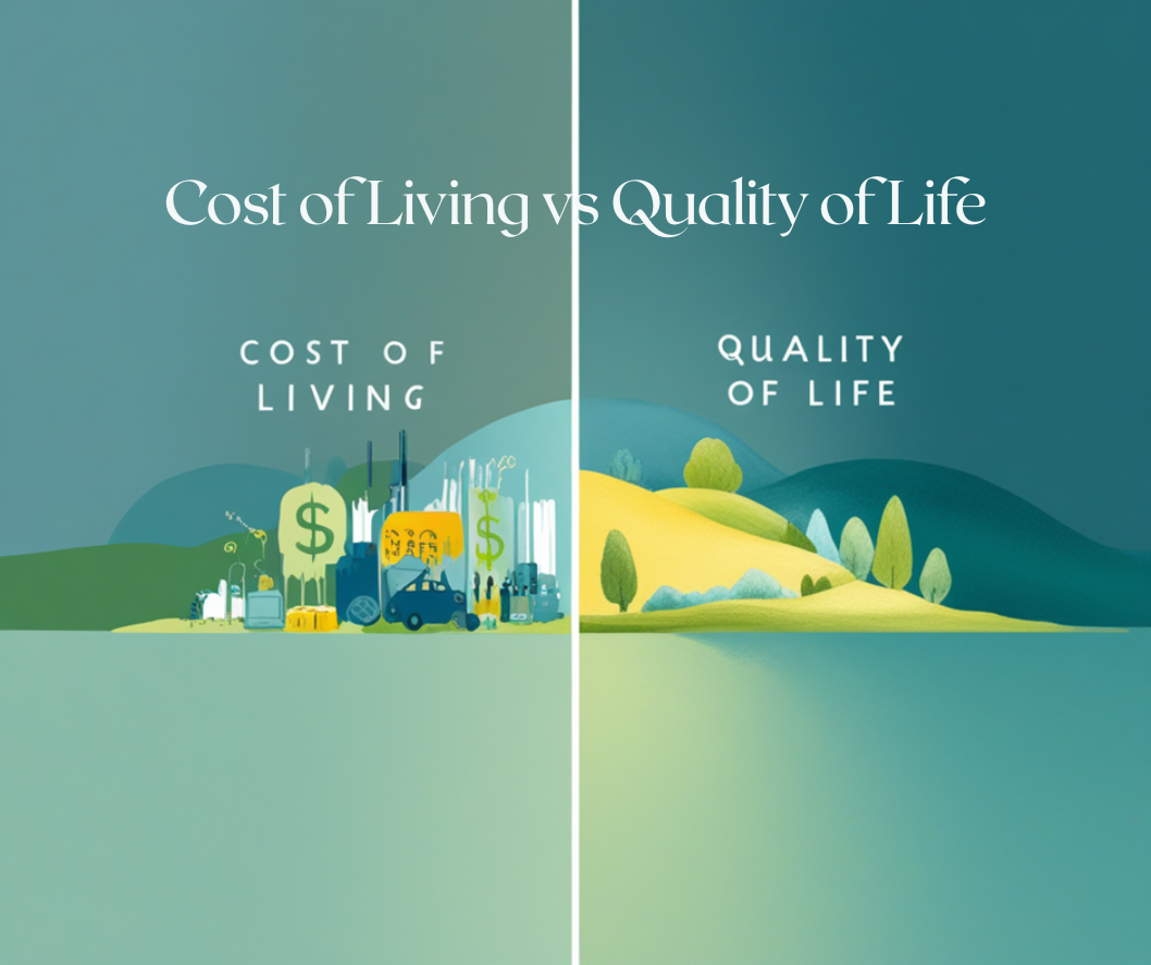 Infographic comparing cost of living and quality of life in Phuket, Koh Samui, and Bali, showing differences in rent, dining, groceries, transport, healthcare, safety, and expat lifestyle.