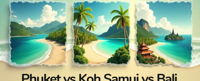Visual comparison of Phuket, Koh Samui, and Bali—highlighting lifestyle, beaches, real estate opportunities, and investment appeal in each island destination.
