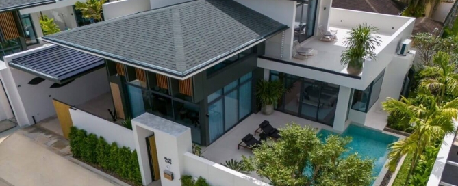 3-4 bedroom smart home pool villas near Lotus’s Chalong, Phuket – full aerial view