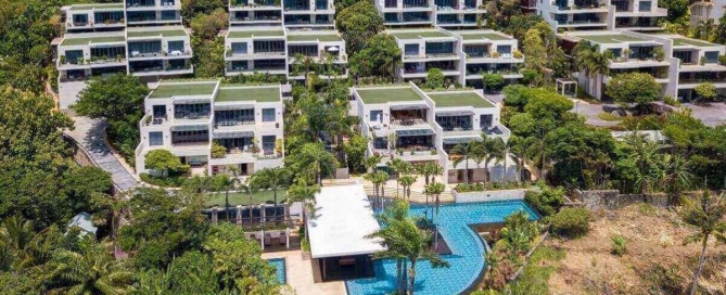 Site map of The Heights condominium in Kata, Phuket, showing layout of buildings, units, and common facilities for sale.