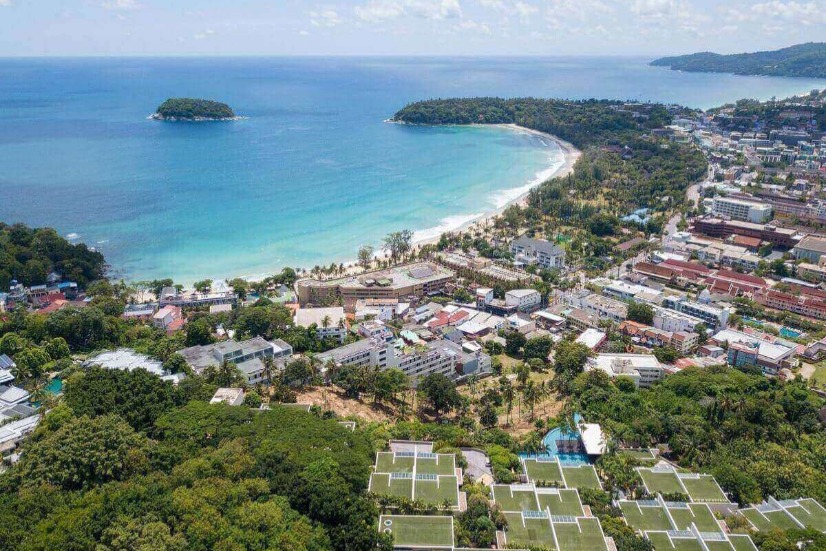 Site map of The Heights condominium in Kata, Phuket, outlining the buildings, unit locations, and shared facilities available for sale.