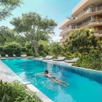 1-2 bedroom golf course view condos in Laguna, Phuket tropical plants around pool PSC-LAG-1505