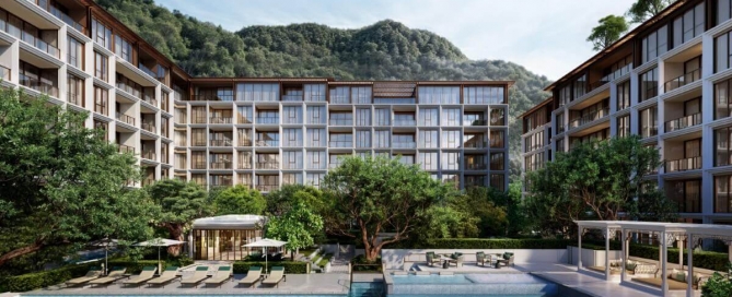 1-bedroom branded condos for sale in a beachfront resort community in Kamala, Phuket shared pool PSC-KAM-1510