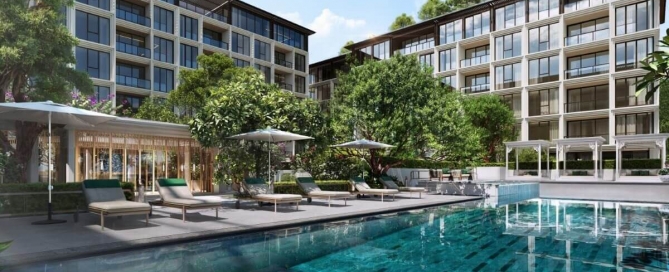 2-3 bedroom branded condos for sale in a beachfront resort community in Kamala, Phuket shared pool PSC-KAM-1511