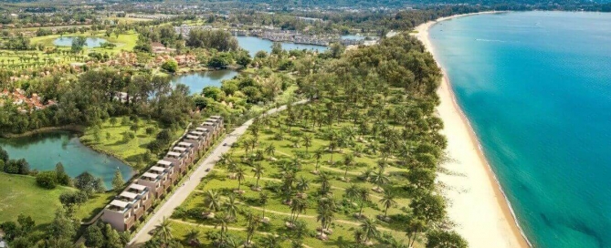 3-bedroom beachside townhouse pool villas for sale on Bang Tao Beach, Laguna Phuket beachfront aerial view PSV-LAG-1509
