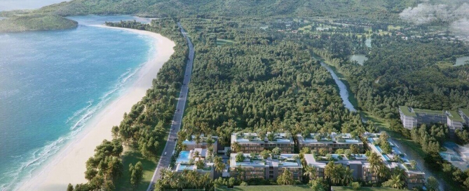 2-4 bedroom seaside penthouse condos 50m to Bang Tao Beach, Phuket aerial view with distant mountains PSC-BAN-1523