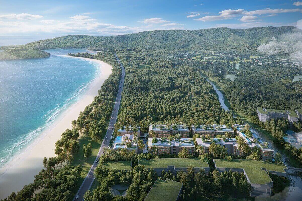 2-4 bedroom seaside penthouse condos 50m to Bang Tao Beach, Phuket aerial view with distant mountains PSC-BAN-1523