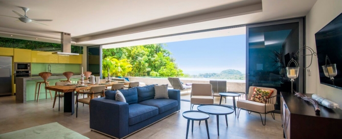 3-bedroom sea view condo with 12-metre private pool near Layan Beach, Phuket open plan living dining and kitchen area PSC-LAY-1522