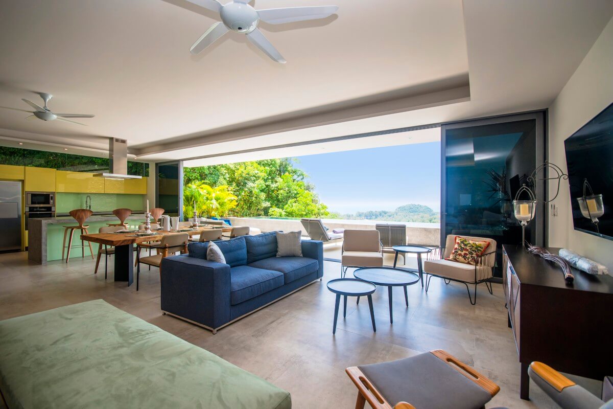 3-bedroom sea view condo with 12-metre private pool near Layan Beach, Phuket open plan living dining and kitchen area PSC-LAY-1522
