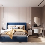 1–2 bedroom condos near Rawai Beach, Phuket bedroom with blue bed and dressing table PSC-RAW-1532