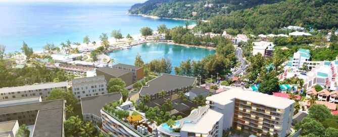 1-2 bedroom condos in Karon, Phuket aerial view of development with lake and the ocean PSC-KAR-1536