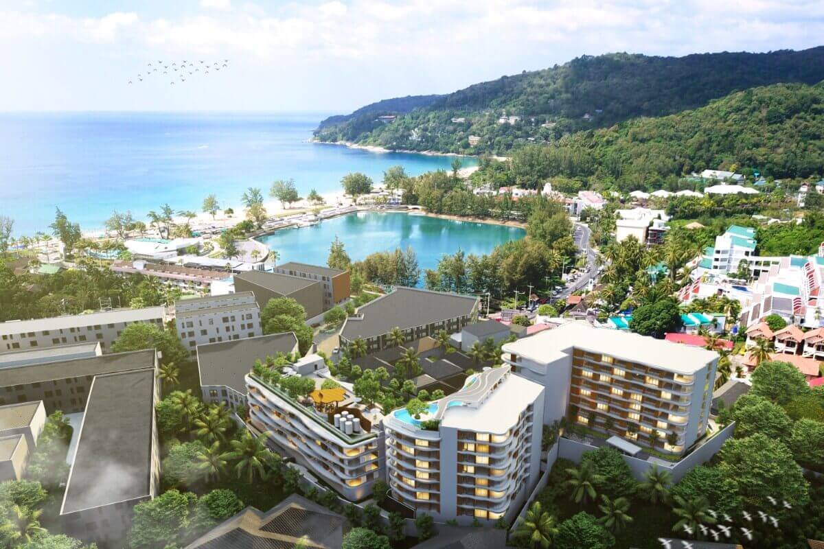 1-2 bedroom condos in Karon, Phuket aerial view of development with lake and the ocean PSC-KAR-1536