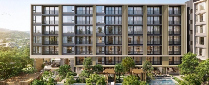 1–2 bedroom pet-friendly condos and penthouses near Bang Tao Beach, Phuket exterior shot and ground level swimming pool PSC-BAN-1533