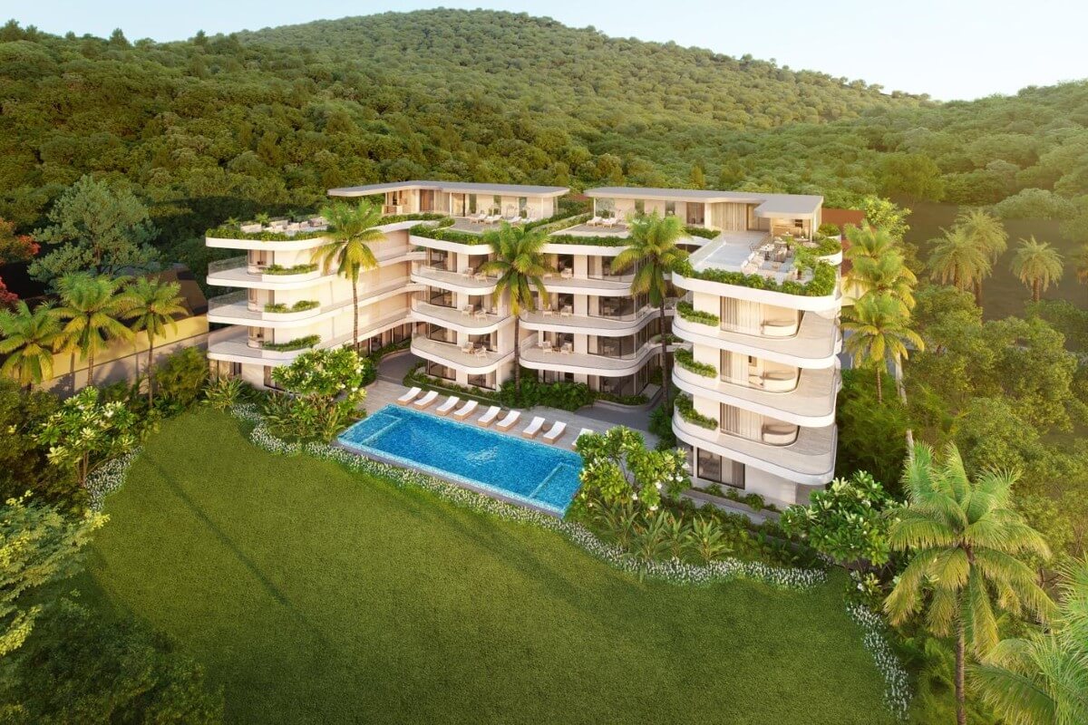 1-2 bedroom sea view condos in Rawai, Phuket exterior shot with pool and garden PSC-RAW-1537
