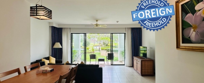 1-bedroom ground floor condo in Laguna, Phuket split-level dining and living area PSC-LAG-1535
