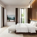 2-4 bedroom pool villas and townhouses near Blue Tree, Thalang, Phuket bedroom with tv and large glass doors and windows PSV-THA-1545