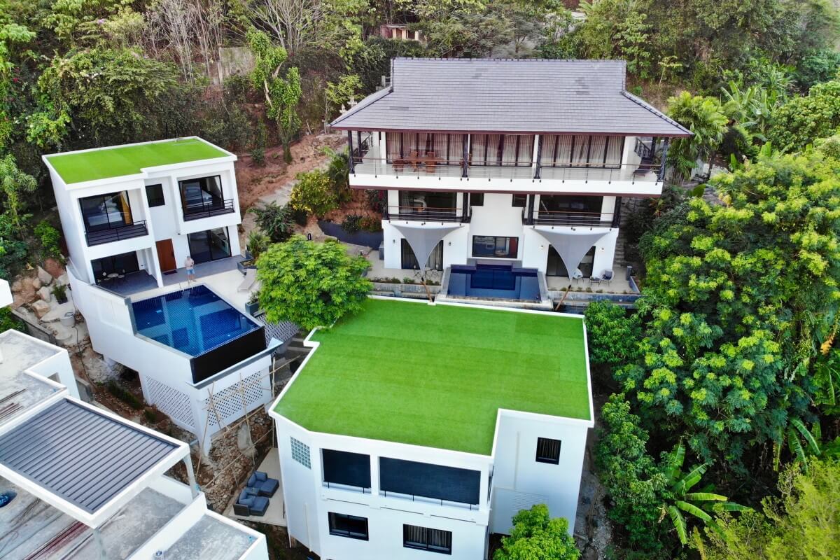 3 villas and 1 apartment hillside estate in Nai Harn, Phuket aerial view PSV-NAH-1542