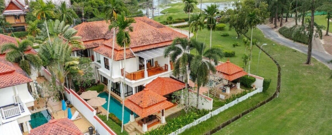 4-bedroom golf course view pool villa in Laguna, Phuket aerial view showing corner location PSV-LAG-1548