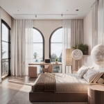 4-bedroom pool villa near Ruamrudee Intl School, Chalong, Phuket bedroom with arched windows and working table PSV-CHE-1551