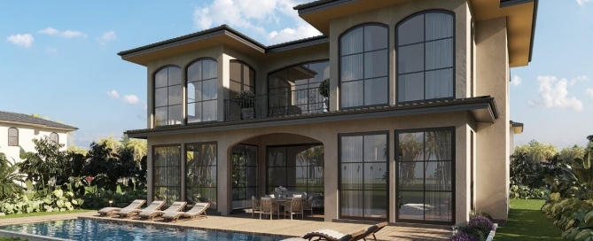 4-bedroom pool villa near Ruamrudee Intl School, Chalong, Phuket external view of 2-storey home with outdoor dining and private pool PSV-CHE-1551