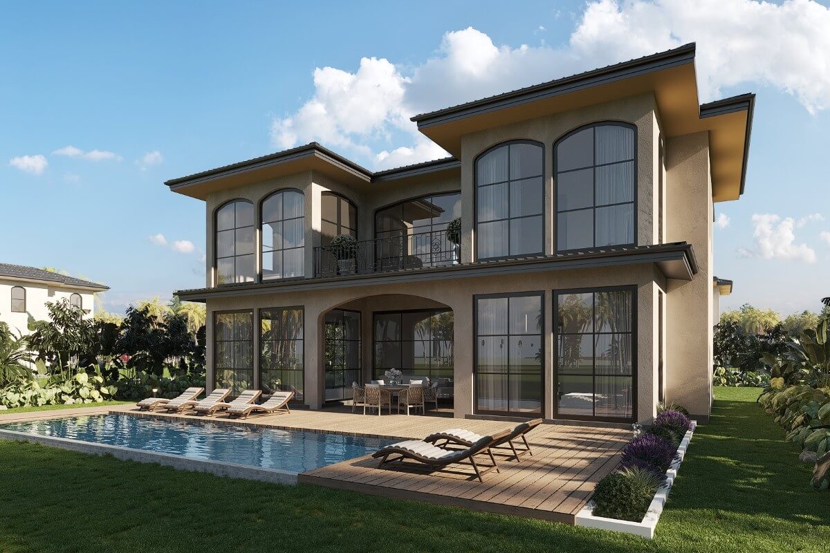 4-bedroom pool villa near Ruamrudee Intl School, Chalong, Phuket external view of 2-storey home with outdoor dining and private pool PSV-CHE-1551