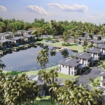 4-bedroom pool villa near Ruamrudee Intl School, Chalong, Phuket aerial view of development with central lake PSV-CHE-1551