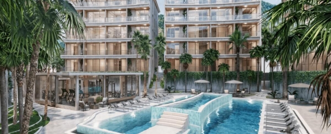 1-2 bedroom condos for sale near Porto de Phuket in Cherng Talay exterior view of development and pool area PSC-CHE-1578