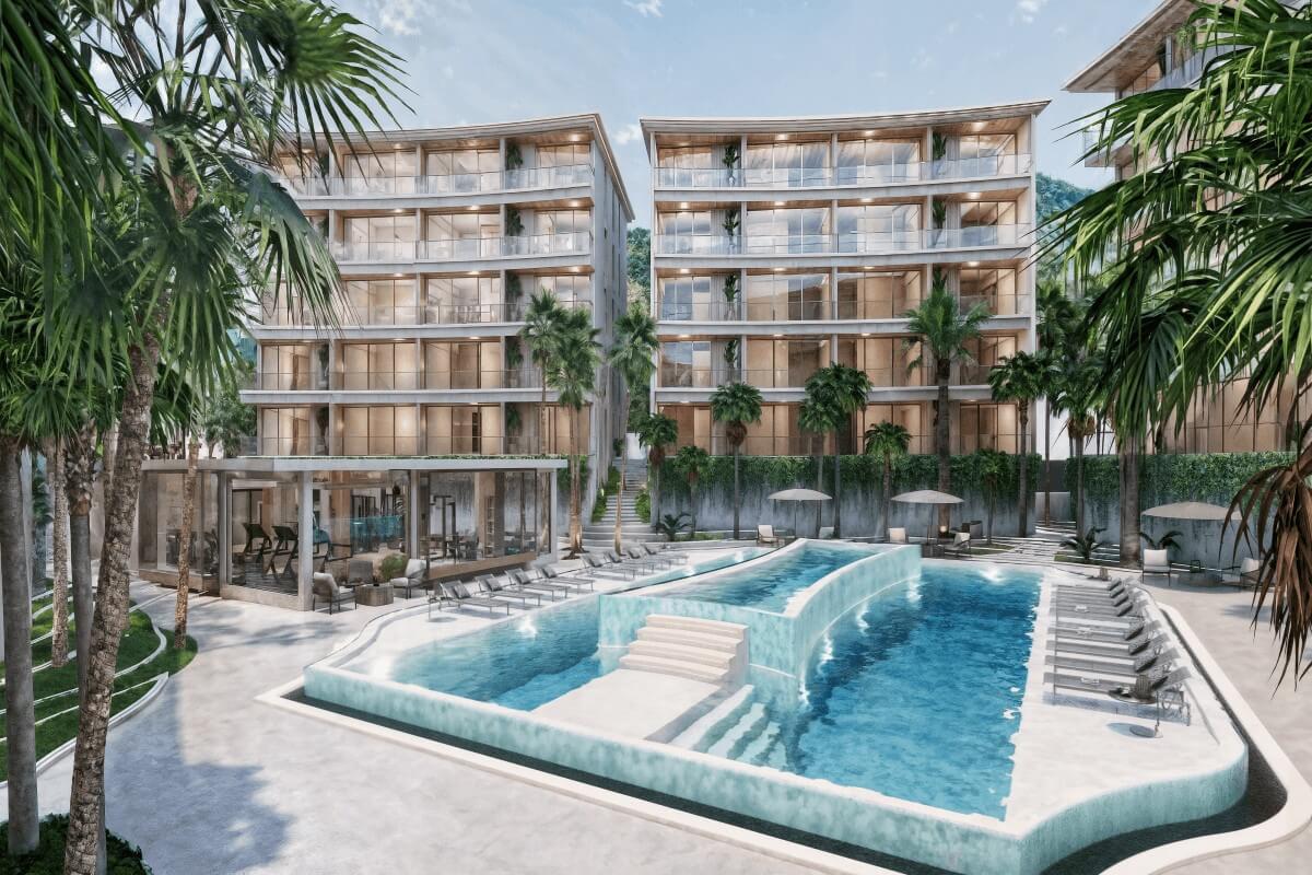 1-2 bedroom condos for sale near Porto de Phuket in Cherng Talay exterior view of development and pool area PSC-CHE-1578