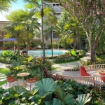 1-2 bedroom condos near Boat Avenue in Cherng Talay, Phuket tropical garden and seating areas beside pool PSC-CHE1561