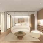 1-2 bedroom condos for sale walk to Nai Yang Beach, Phuket bedroom behind white couch PSC-NAY-1562