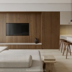 1-3 bedroom condos in the Momentum District near Layan Beach, Phuket lounge with and kitchen area PSC-LAY-1573